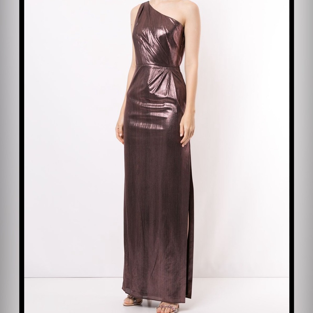 NWT Marchesa Notte Bronze Metallized One-Shoulder Gown